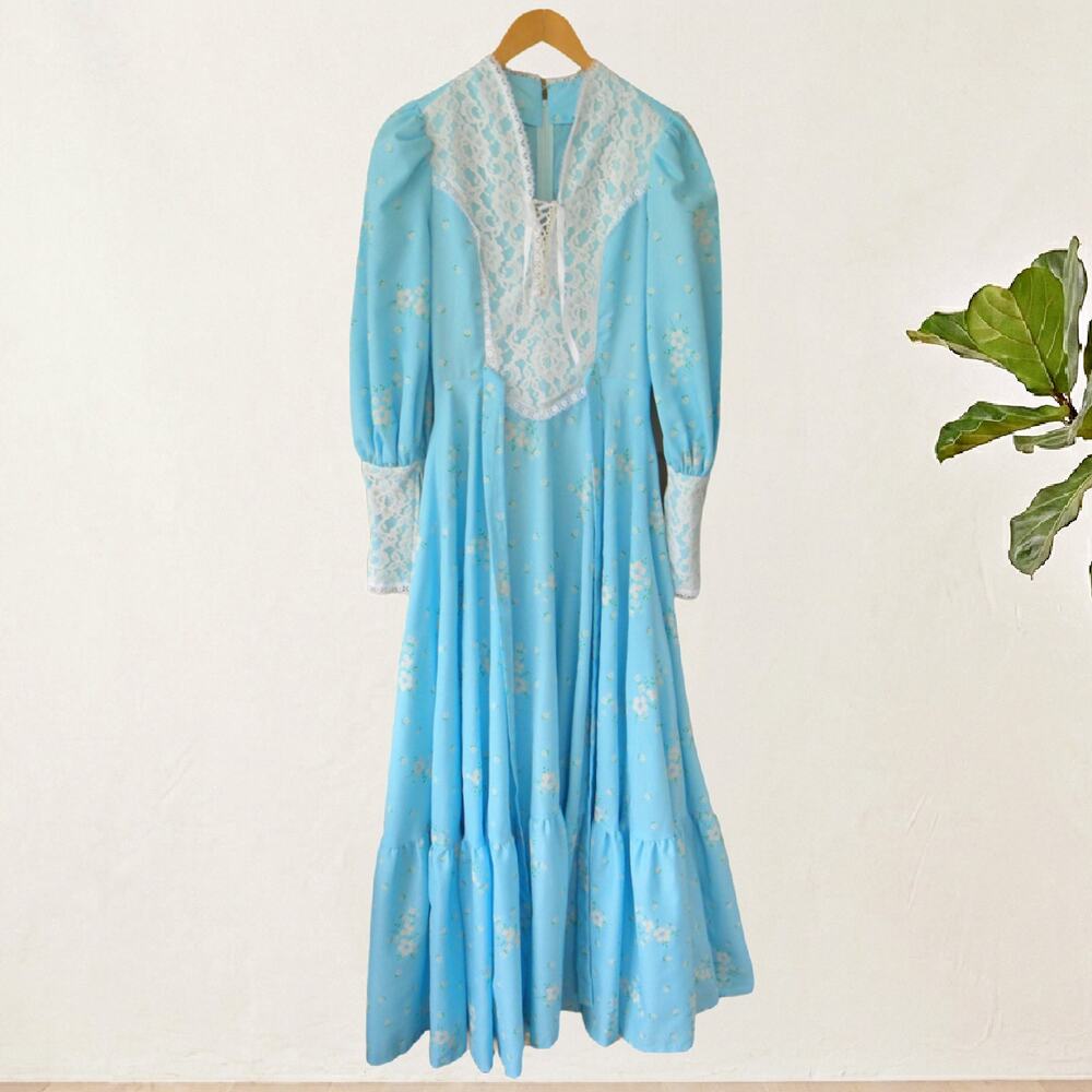 Vintage 70s Blue Prairie Maxi Dress Gunne Sax Style XS Lace Up Cottagecore Boho - Picture 7 of 11